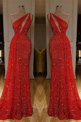 One Shoulder Red Sexy Sequins Long Prom Evening Dresses